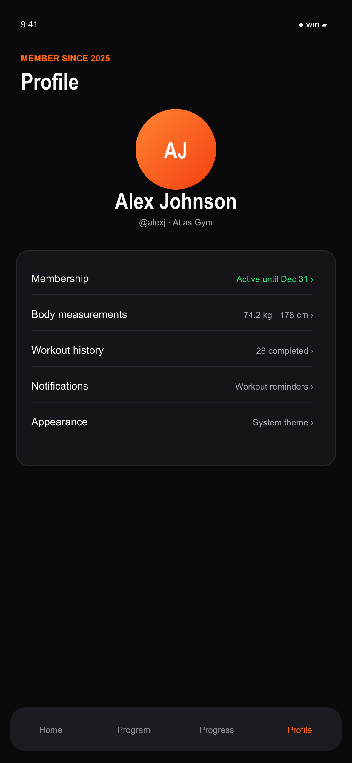 MemberFit profile dark mode